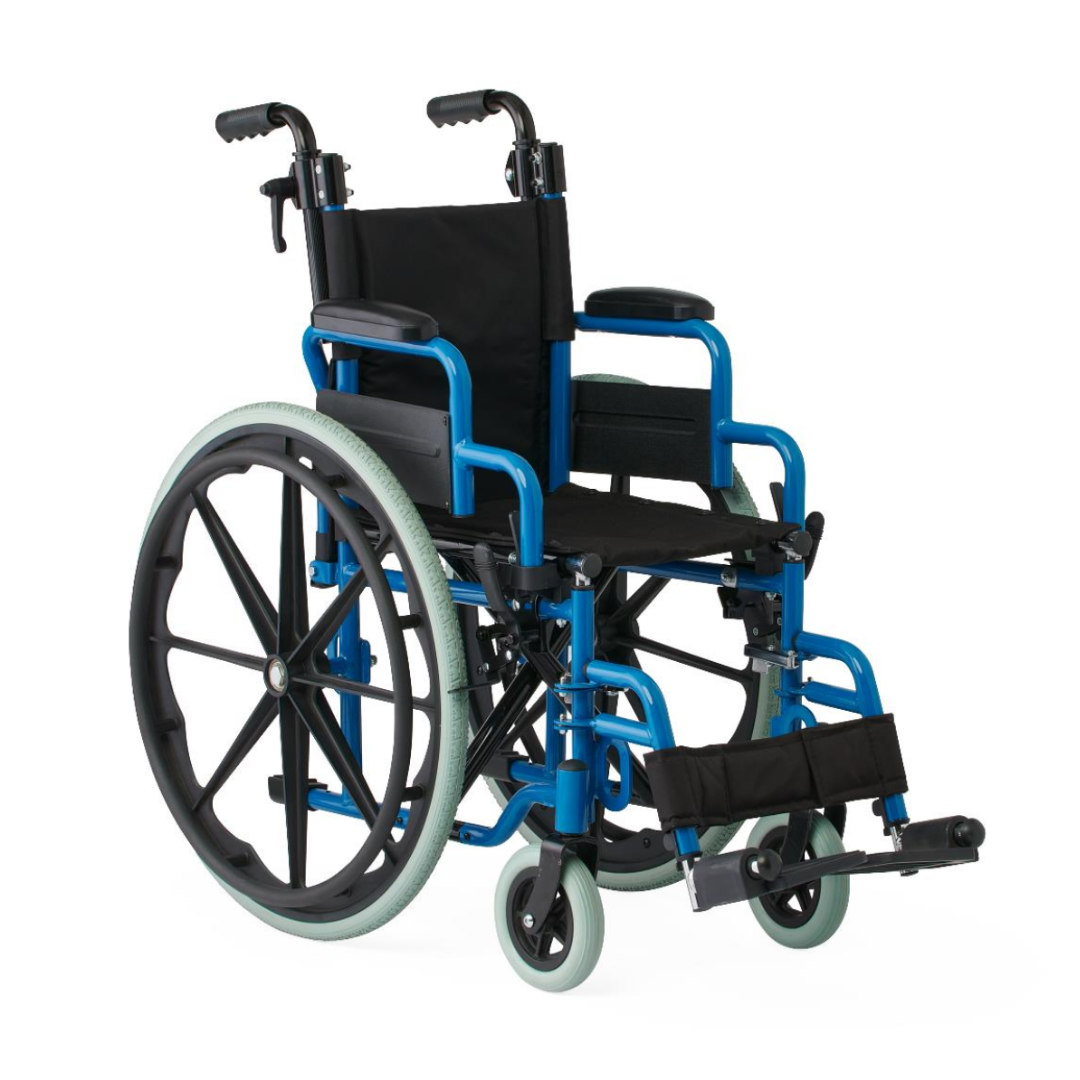 The Medline Pediatric Kidz Guardian Wheelchair features a blue frame, black seat and backrest, large rear wheels, smaller front wheels, armrests, footrests, and adjustable elements for comfort and support.